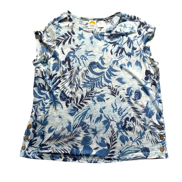 C&C California Tops - C&C California 100% Linen Floral Top Blue/White Size M